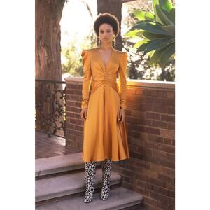 Jonathan Simkhai Satin V-Neck Long Sleeve Ruched Midi Dress Gold Women's Size 4